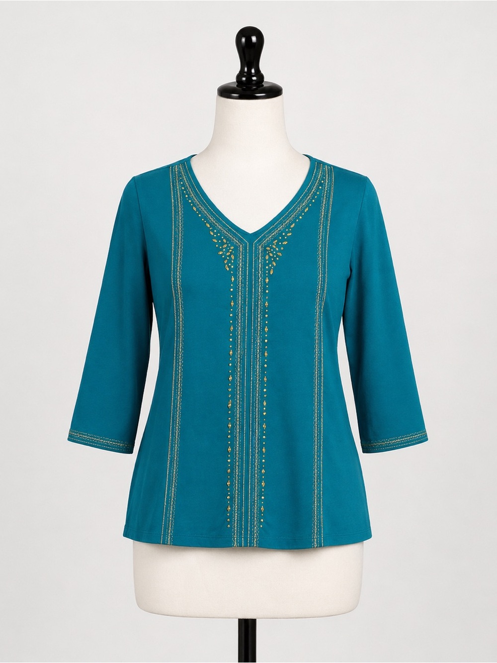 N Touch Women’s Large Teal 3/4 Sleeve Blouse with Gold Embellishments EUC